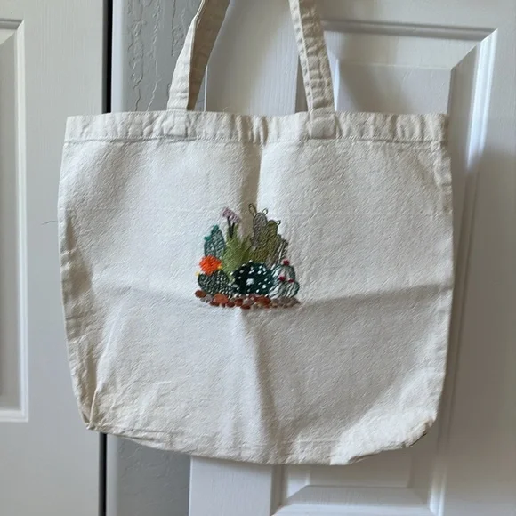 Hand Embroidered Cactus Canvas Tote Bag - Picture 2 of 2